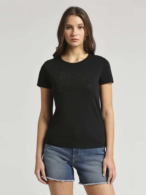 pepe jeans black cotton embellished t-shirt