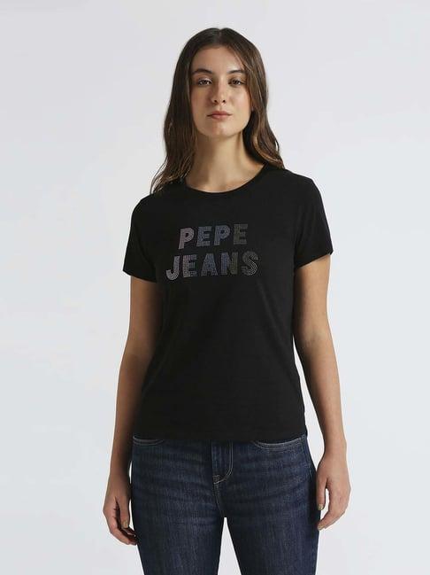 pepe jeans black cotton embellished t-shirt