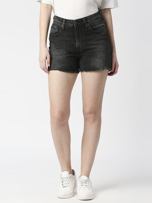 pepe jeans black cotton high rise shorts