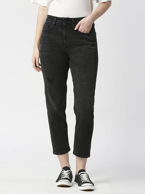 pepe jeans black cotton high rise tapered mom jeans