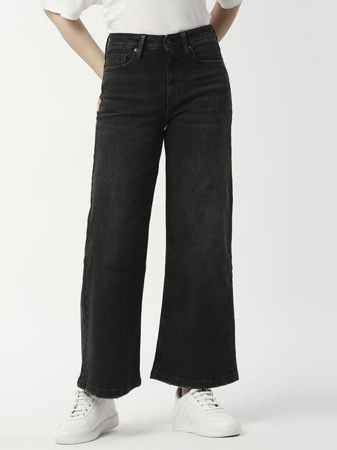 pepe jeans black cotton high rise wide leg jeans