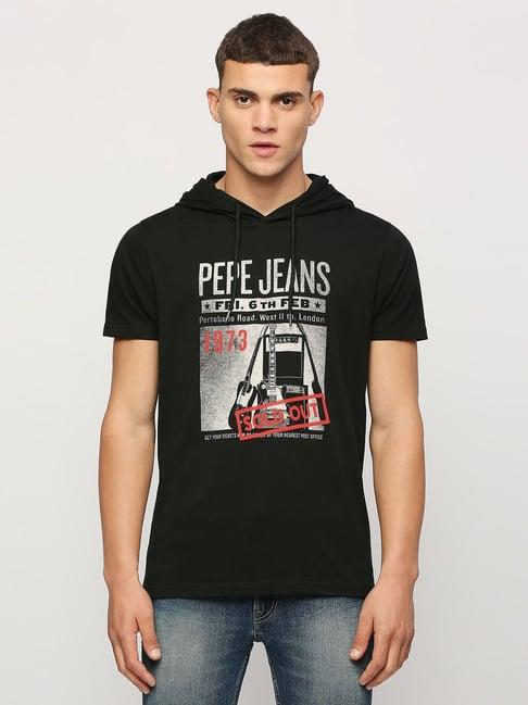 pepe jeans black cotton slim fit printed hooded t-shirt