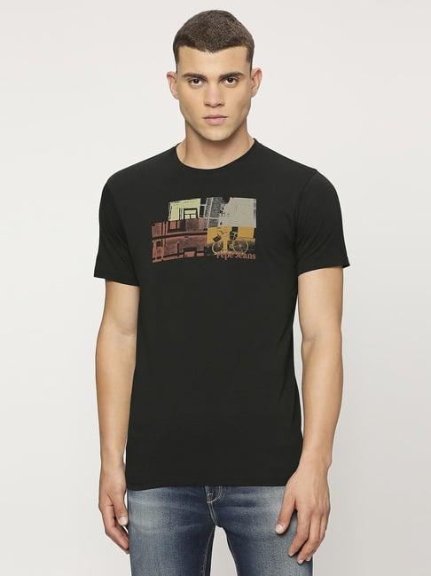 pepe jeans black cotton slim fit printed t-shirt