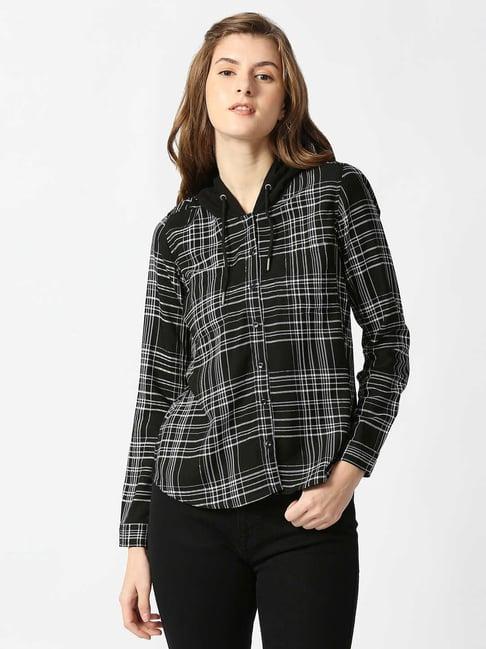 pepe jeans black viscose checks shirt