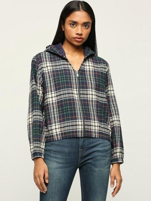 pepe jeans blue cotton chequered jacket