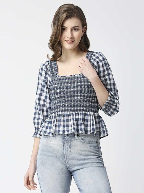 pepe jeans blue cotton chequered top