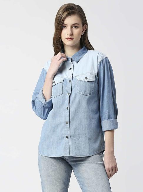 pepe jeans blue cotton color-block denim shirt
