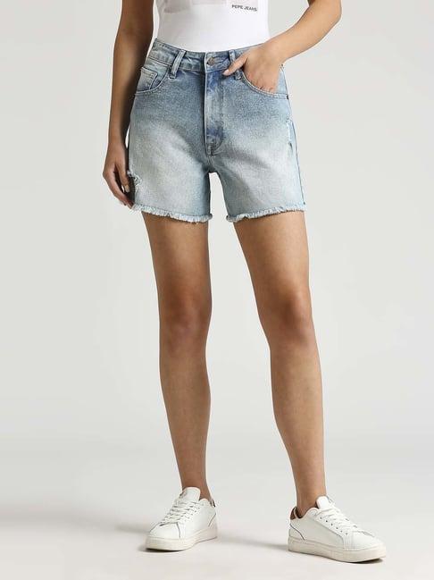 pepe jeans blue cotton distressed shorts