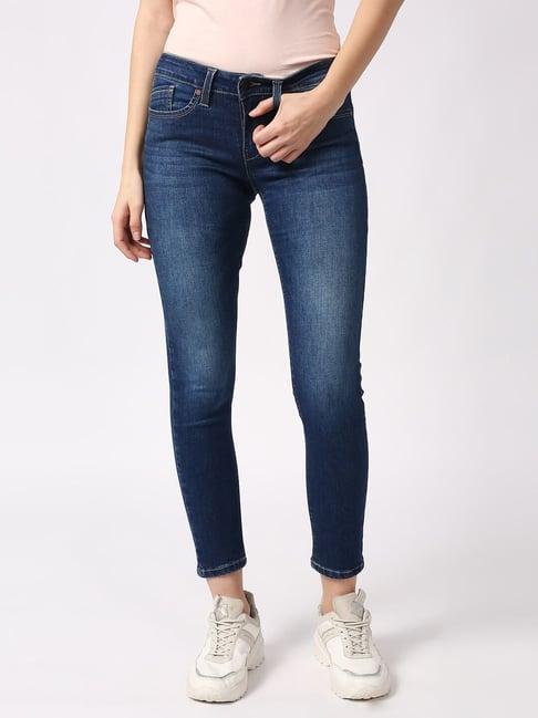 pepe jeans blue cotton skinny fit mid rise jeans