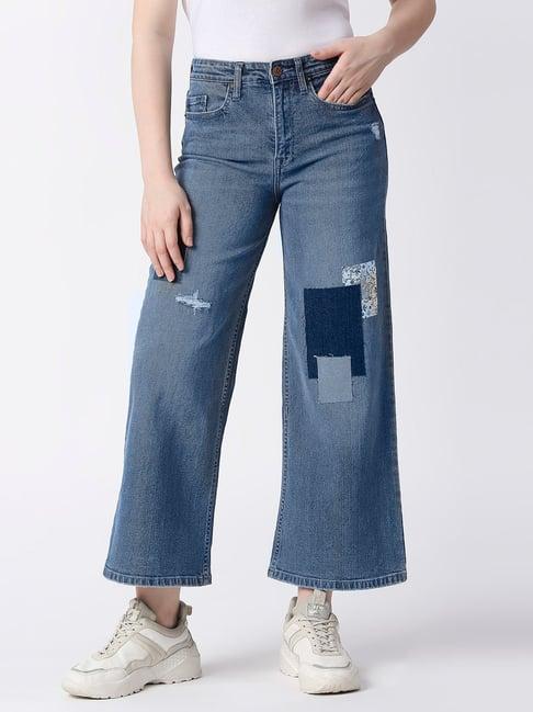 pepe jeans blue distressed regular fit high rise jeans