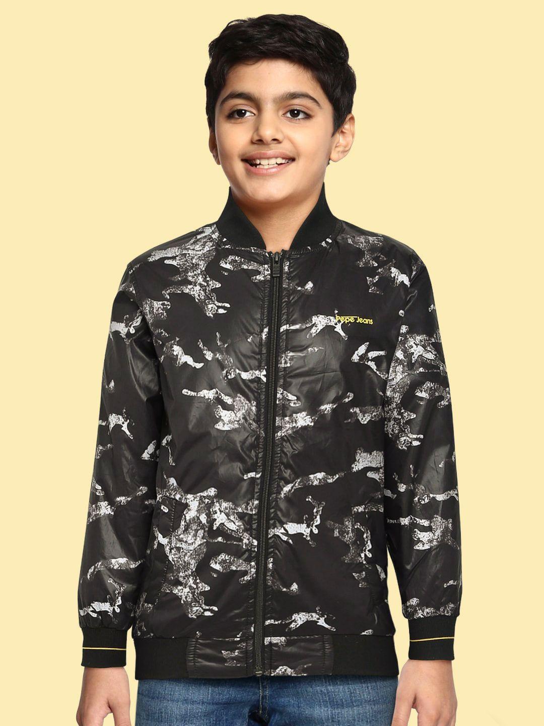 pepe jeans boys black printed bomber jacket