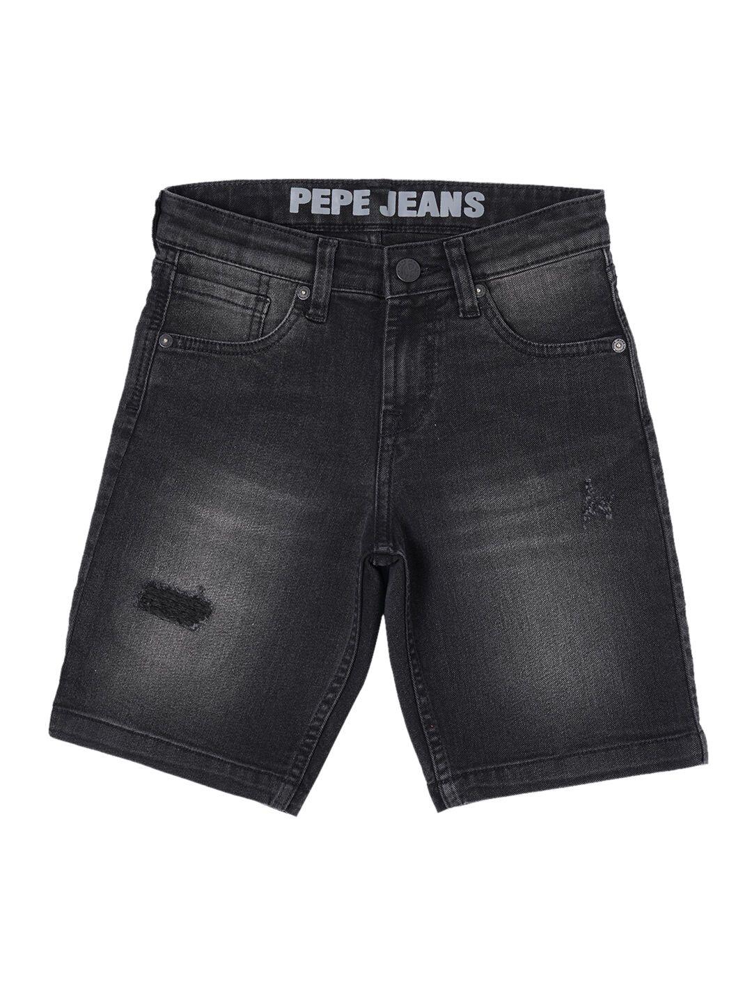 pepe jeans boys black washed slim fit denim shorts