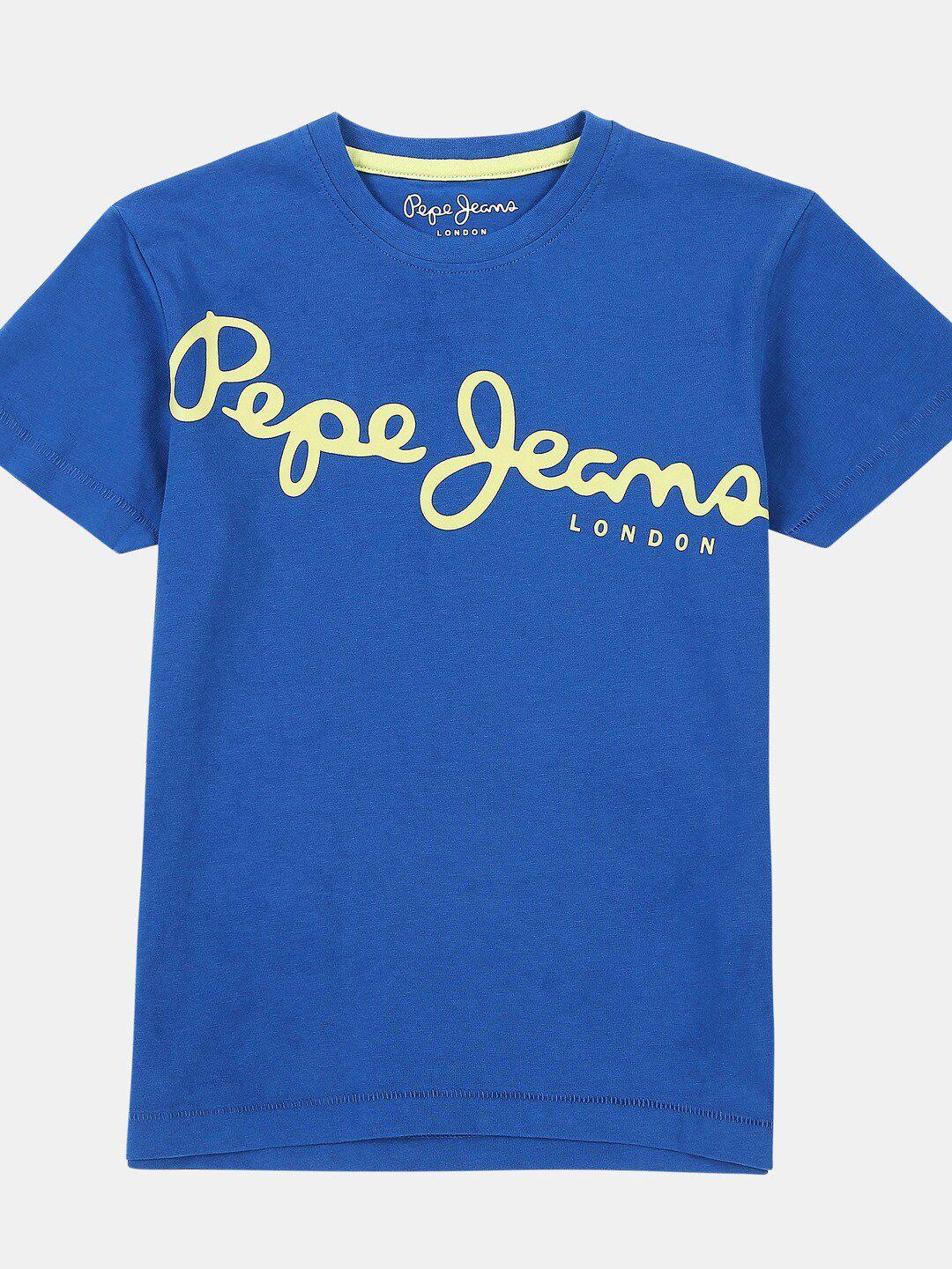 pepe jeans boys blue & yellow brand logo printed cotton t-shirt