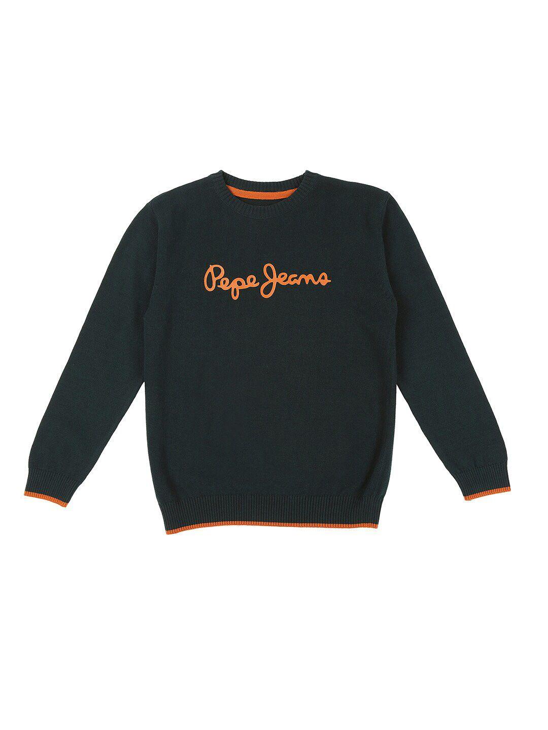 pepe jeans boys green & orange typography pullover