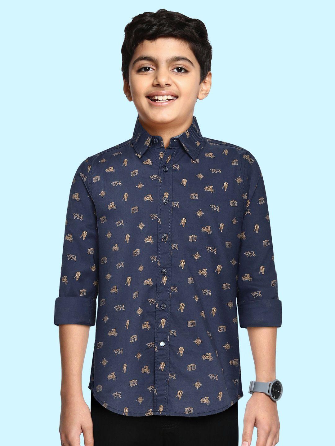pepe jeans boys navy blue regular fit printed casual shirt