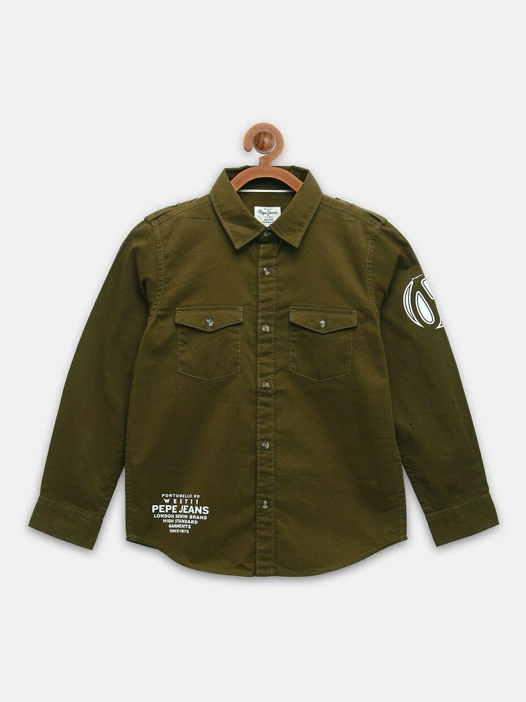 pepe jeans boys olive green opaque casual shirt