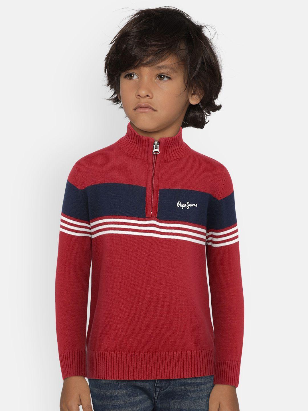 pepe jeans boys red & navy blue placement striped pullover sweater