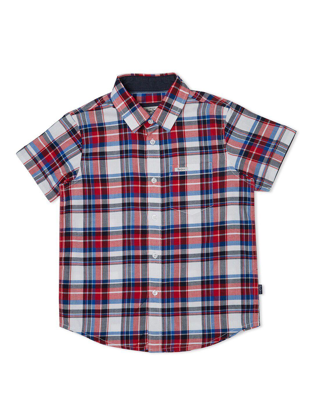 pepe jeans boys red & white checked pure cotton casual shirt