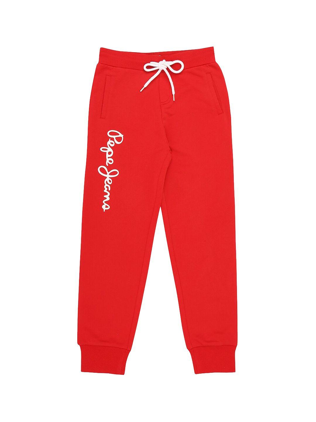 pepe jeans boys red solid cotton straight-fit joggers
