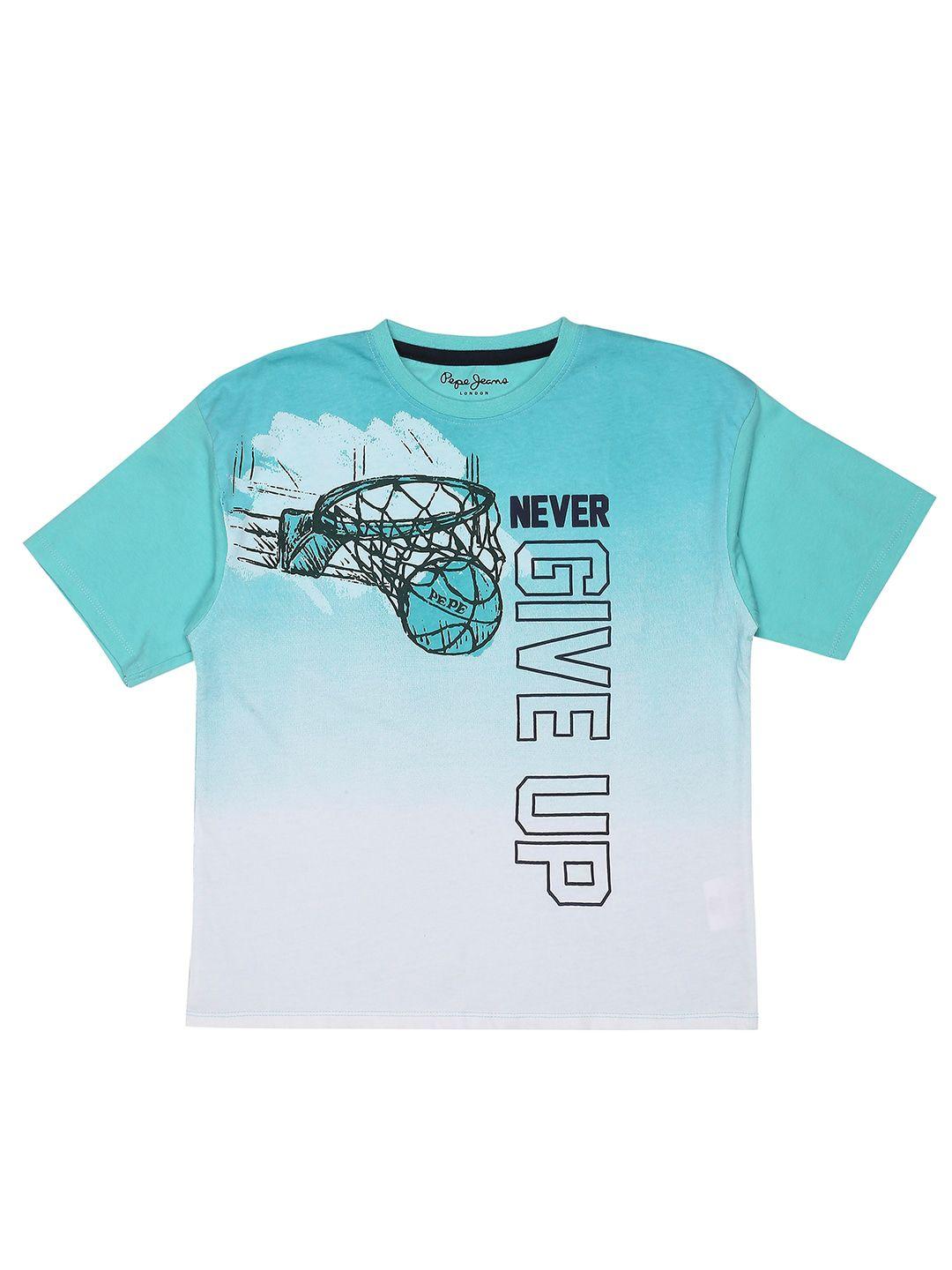 pepe jeans boys sea green typography printed applique t-shirt