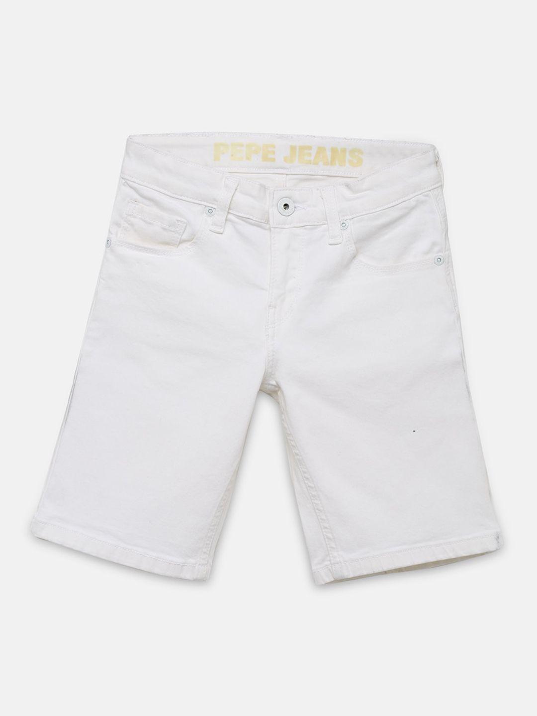 pepe jeans boys white solid slim fit denim shorts