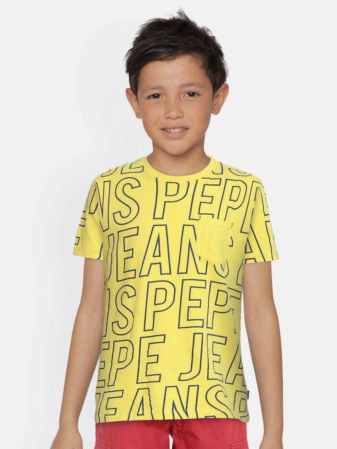 pepe jeans boys yellow printed round neck pure cotton t-shirt