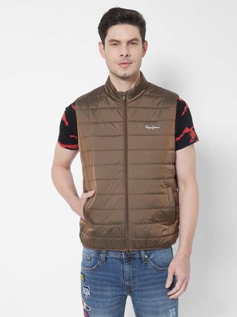 pepe jeans brown slim fit quilted gilets