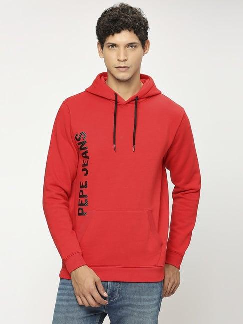pepe jeans classic red regular fit printed hooded sweatshirt