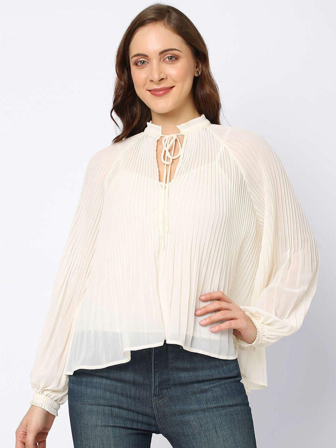 pepe jeans cream pleated tie-up neck top