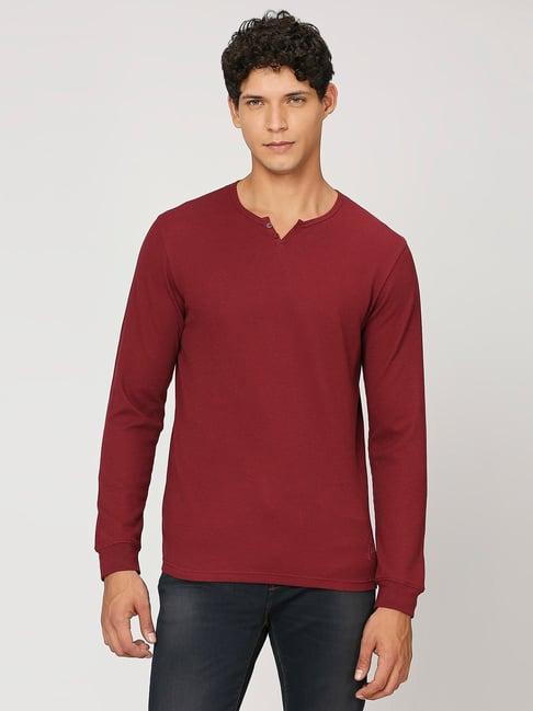 pepe jeans dark red slim fit cotton henley t-shirt