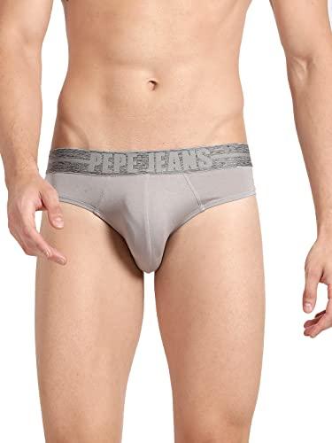 pepe jeans elasticated solid grey modal regular fit power play brief innerwear, underwear for men - l (pack of 1)