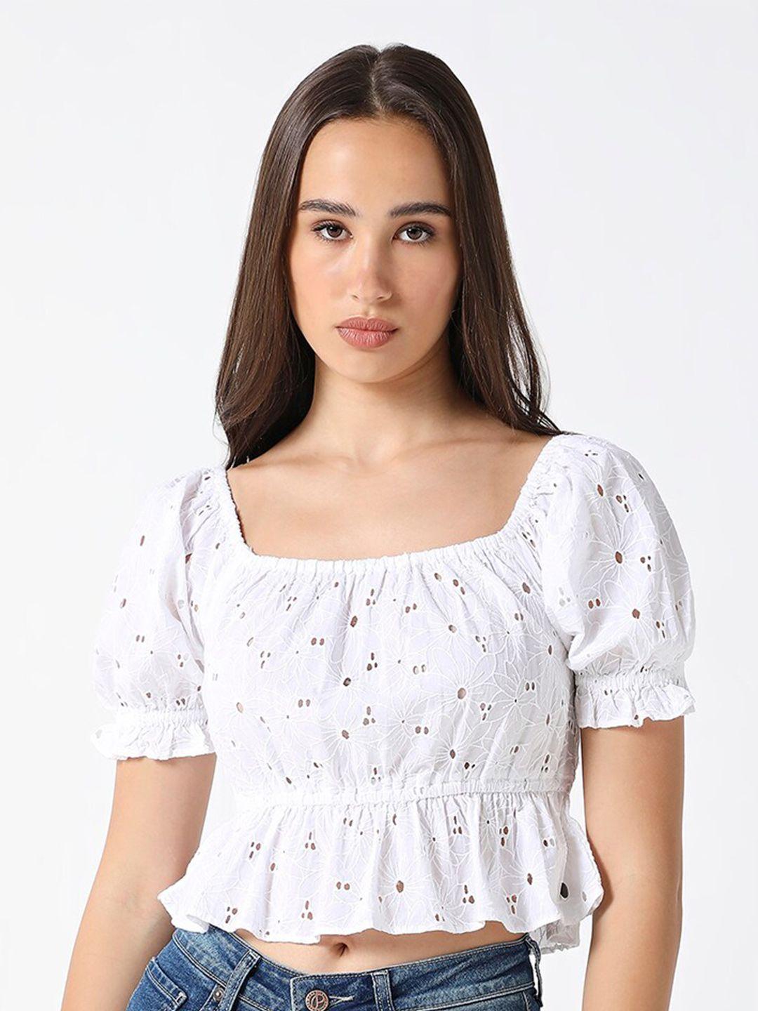 pepe jeans floral embroidered puff sleeve cotton pure cotton schiffli crop peplum top
