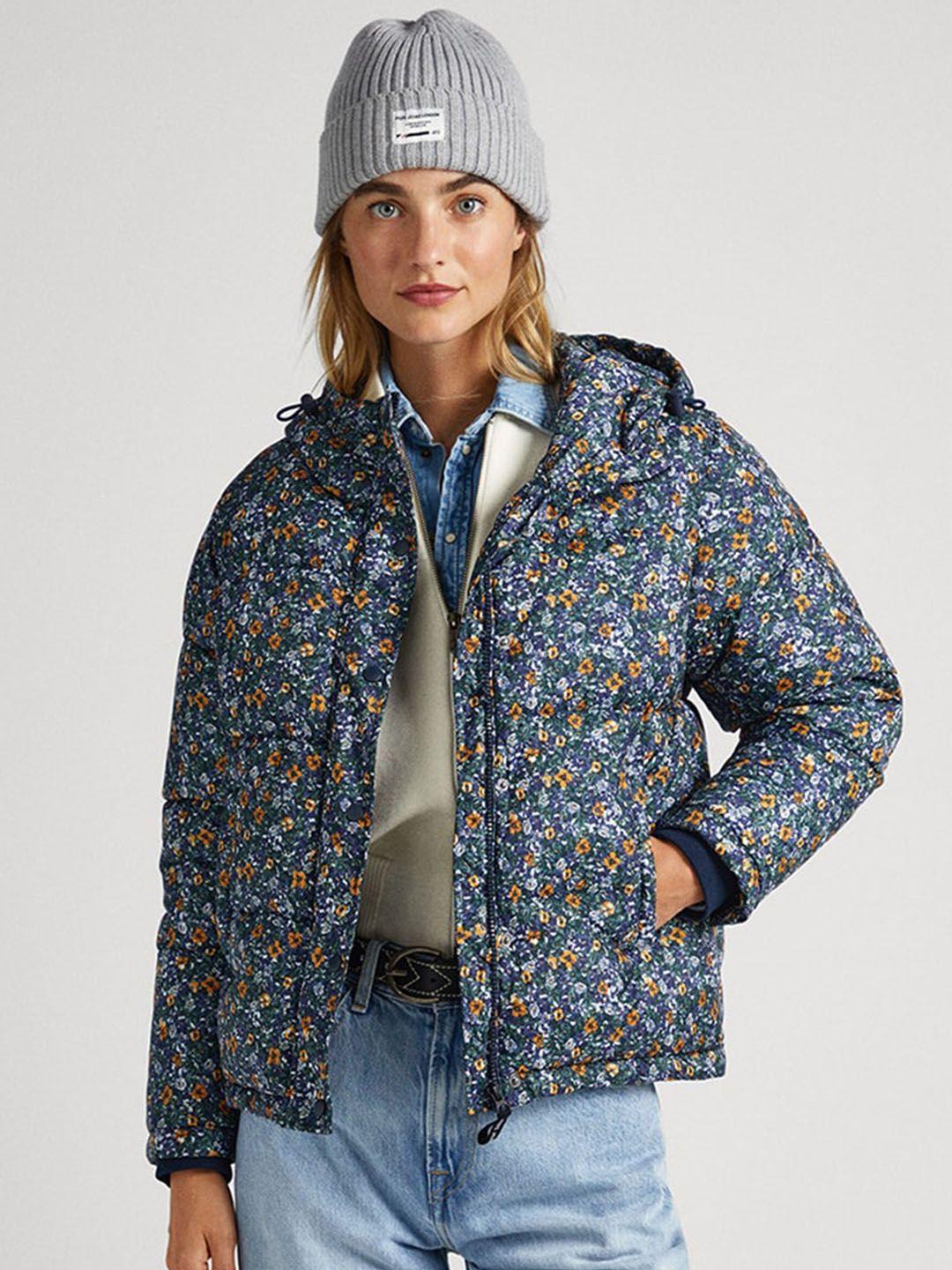 pepe jeans floral printed hooded puffer jacket