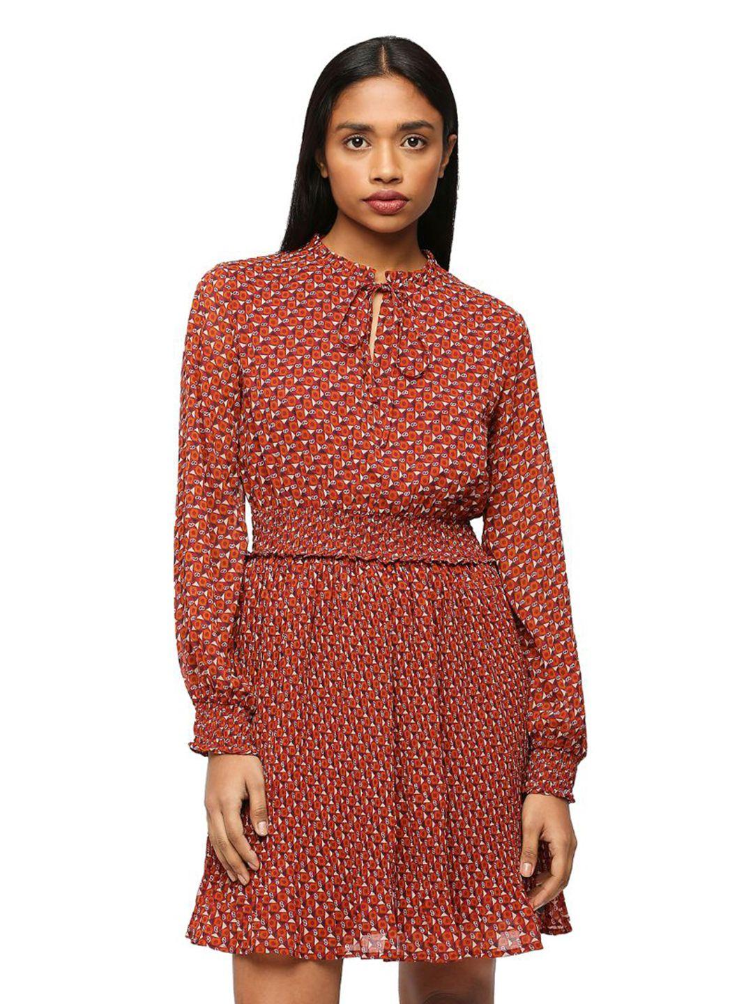 pepe jeans geometric printed tie-up neck fit & flare dress