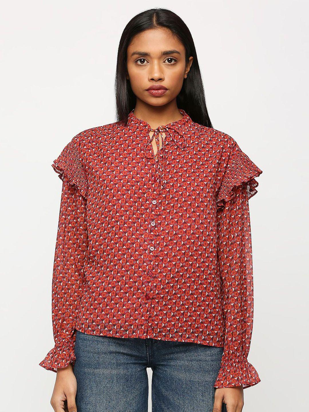 pepe jeans geometric printed tie-up neck shirt style top