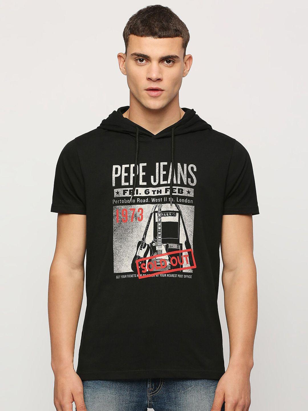 pepe jeans graphic printed hooded pure cotton slim fit t-shirt