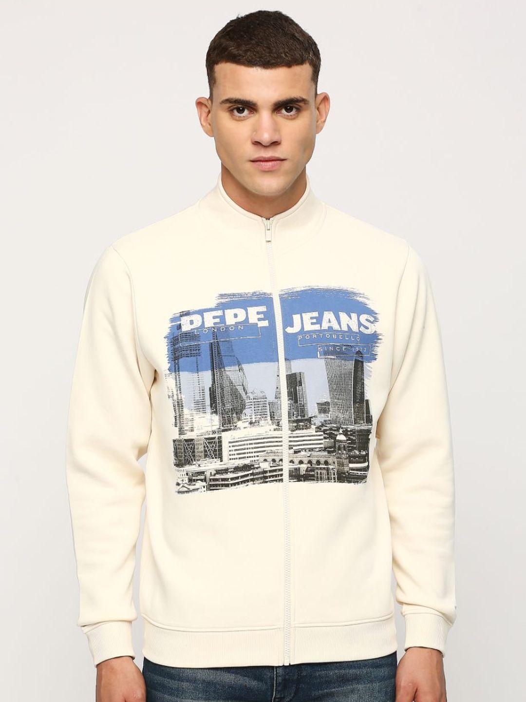 pepe jeans graphic printed mock collar pure cotton front-open sweatshirt