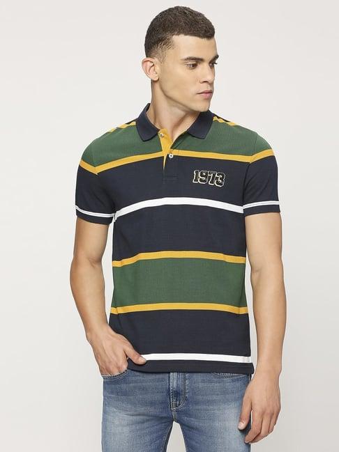 pepe jeans green and blue cotton regular fit striped polo t-shirt