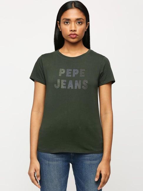 pepe jeans green cotton embellished t-shirt