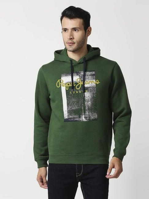 pepe jeans green regular fit printed hooded sweatshirts