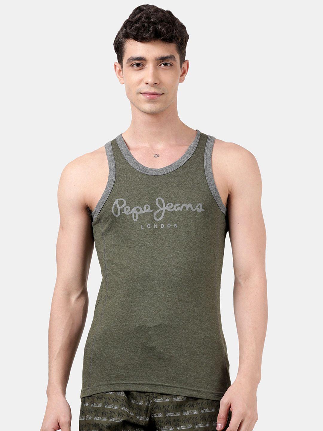 pepe jeans green solid cotton inner wear gym vest