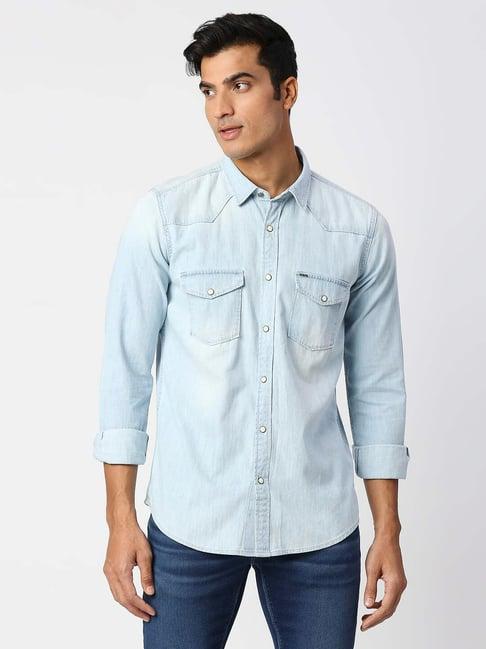 pepe jeans hank sky blue regular fit cotton denim shirt