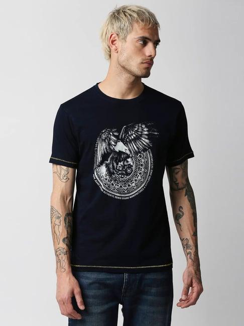 pepe jeans indigo blue cotton slim fit printed t-shirt