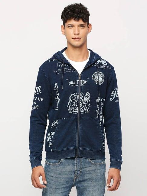 pepe jeans indigo cotton regular fit printed hooded sweatshirt