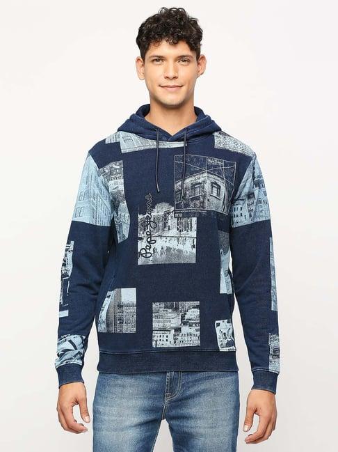 pepe jeans indigo cotton regular fit printed hooded sweatshirt