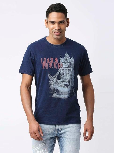 pepe jeans indigo cotton slim fit printed t-shirt