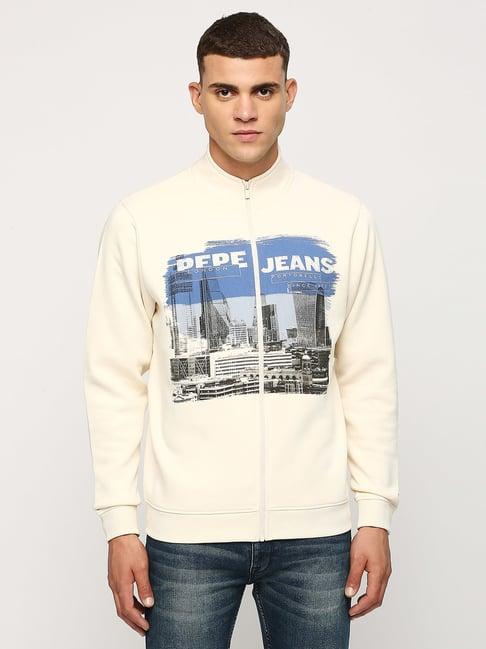 pepe jeans ivory regular fit graphic print cotton sweatshirt