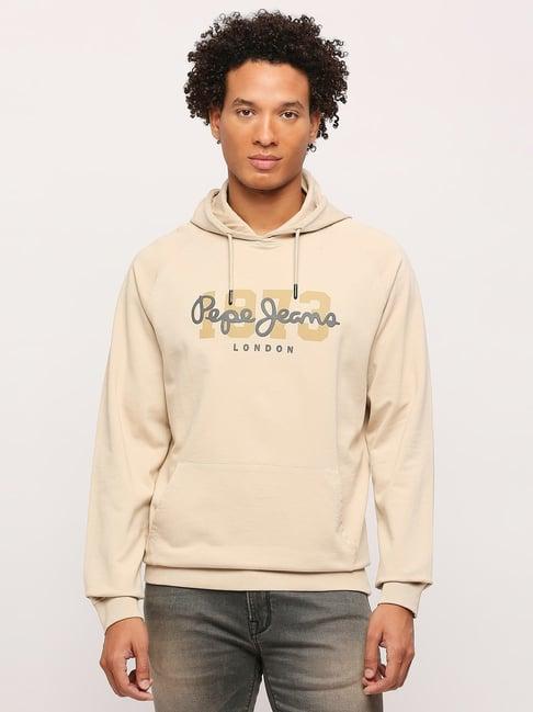 pepe jeans ivory white cotton regular fit printed hooded sweatshirt