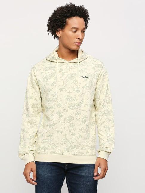 pepe jeans ivory white cotton regular fit printed hooded sweatshirt