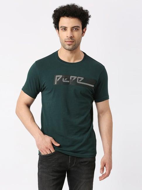 pepe jeans kenoua green printed slim fit crew t-shirt